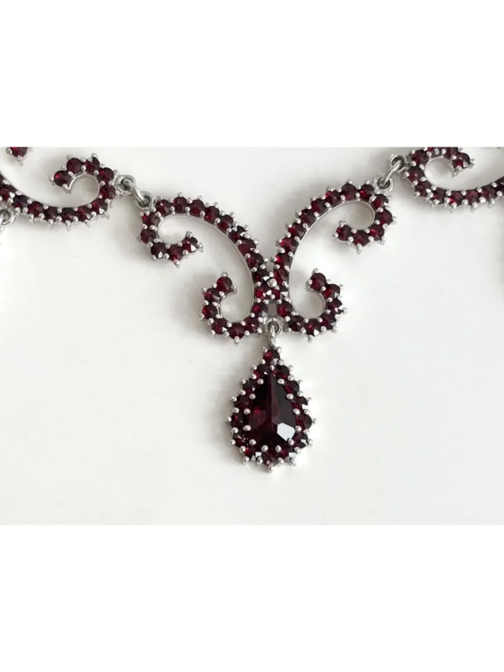 Art Deco Dark Red Teardrop Sterling Silver 925 Vintage Pendant Necklace - 19